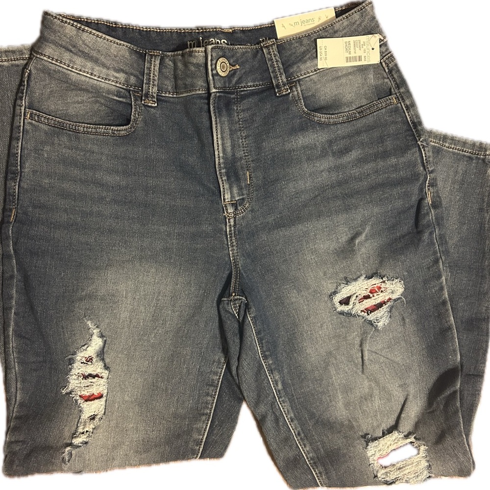 Maurices Ripped distressed blue with red peaking Boyfriend Jeans size med short